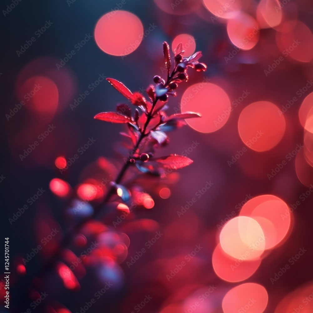 Wall mural branch with red flowers and blurred bokeh background of sparkling lights in red tones