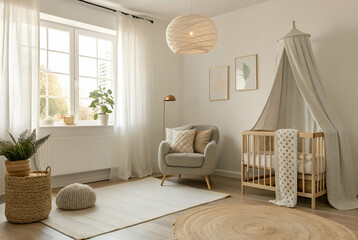 Textures Cozy Minimalism, A serene and cozy nursery featuring a crib, armchair, soft textures, and natural light, perfect for a calming environment for a baby.