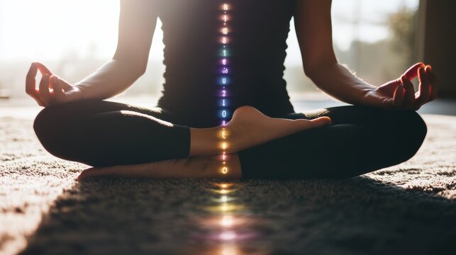 Glowing figure in meditation surrounded by numerological vibrations and radiant energy fields during serene moment of introspection