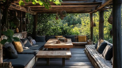 Fototapeta premium Cozy Outdoor Seating Area Surrounded by Lush Greenery and Plants
