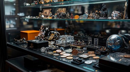 Rare vintage coins collection displayed in a curated showcase antique store collectibles indoor close-up historical treasures