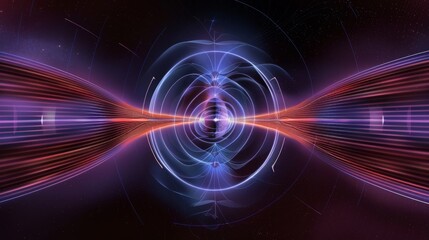 Obraz premium Abstract magnetic field visualization with glowing lines and arrows representing the flow of magnetic force around a central object in a dark, empty space.