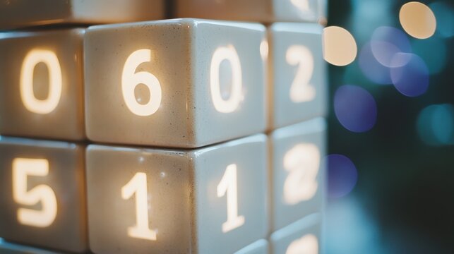 Floating cube composed of glowing numbers and sacred geometric patterns inhabiting a cosmic space filled with a deep blue and violet nebula - Powered by Adobe