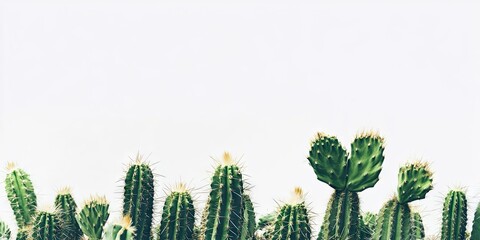 Cactus plants in various stages of growth against a bright white backdrop with vibrant green spines and tops positioned throughout the lower section.