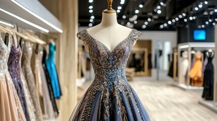 Obraz premium Elegant designer dress displayed on mannequin in fashion boutique glamorous environment high-quality photography