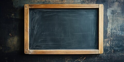 Blank black chalkboard with wooden frame centered against a textured dark background creating a rustic educational setting.