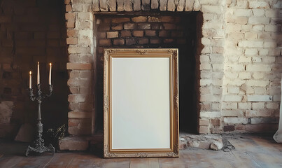 Gilded Frame Leaning Against a Brick Fireplace for a Timeless and Elegant Living Space