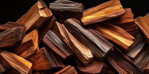 Assorted wooden logs in rich browns and golden tones scattered against a dark background showcasing...