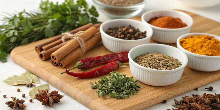 Colorful spices, wooden cutting board, cinnamon sticks, dried chili peppers, small white bowls, assorted herbs, turmeric powder, peppercorns, cumin seeds, fresh parsley, rustic kitchen scene, vibrant