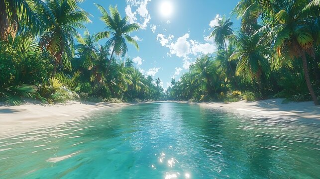 Pristine tropical beach with turquoise water, rocky cliffs, and lush green trees. Island paradise concept