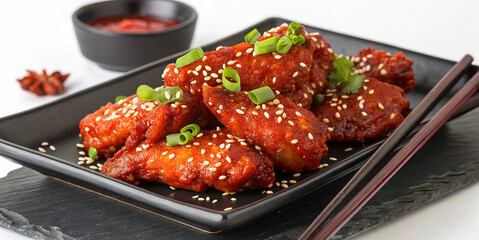 Asian cuisine, glazed chicken wings, sesame seeds, green onions, dark ceramic plate, chopsticks, red dipping sauce, star anise, moody lighting, food photography, high contrast, appetizing, glistening