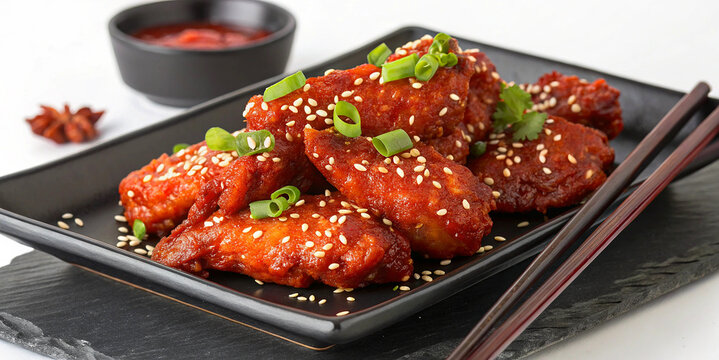 Asian cuisine, glazed chicken wings, sesame seeds, green onions, dark ceramic plate, chopsticks, red dipping sauce, star anise, moody lighting, food photography, high contrast, appetizing, glistening
