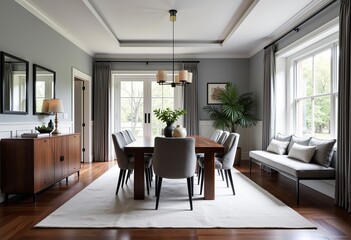 Fototapeta premium Elegant Transitional Dining Room: Minimalist Design with Walnut Table, Goose Feather Cushions, Muted Gray Palette, Dark Wood Floors, Framed Mirrors for Visual Balance.