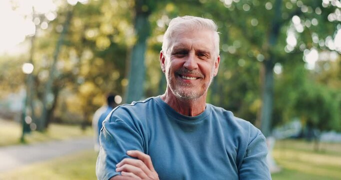 Face, outdoor and senior man with fitness, healthy and workout with wellness, energy and break. Portrait, mature person and happy runner in park, retirement and activity with exercise and training