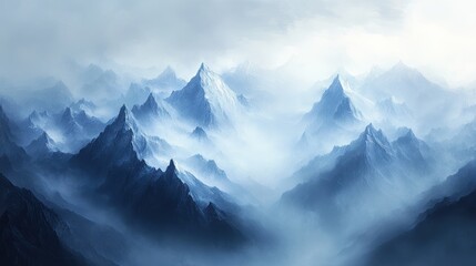 Fototapeta premium A stunning high-altitude view of misty mountains, their icy summits shining under soft diffused light, blending seamlessly with the overcast sky.