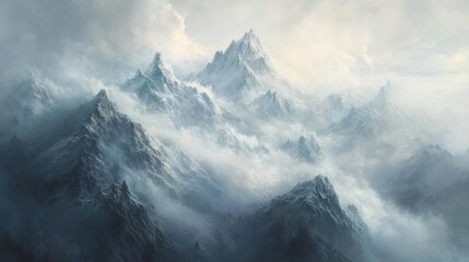 Obraz premium A stunning high-altitude view of misty mountains, their icy summits shining under soft diffused light, blending seamlessly with the overcast sky.