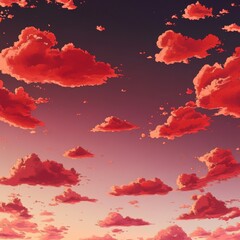 Cartoon-style sunset with pink sky and red clouds over a gradient background with zen papaya elements