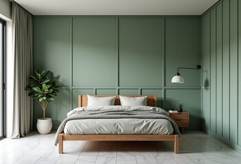 Vaulted Ceiling Japandi Bedroom: Sophisticated Space with Distressed Oak Bed Frame, Marble Tiles, and Sage Green Accents Bathed in Soft, Natural Afternoon Light.

