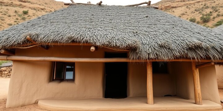 Traditional rondavel house in Lesotho with thatched roof sewn to wooden braces using rope, house, traditional, rural