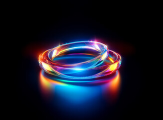 Vibrant rings of light, interlinked and glowing in hues of blue, orange, and pink against a dark backdrop, create a modern, abstract, and futuristic design.