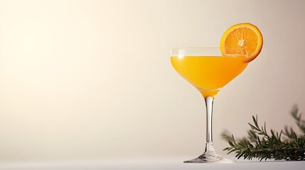 75. A transparent glass of orange juice on a white background