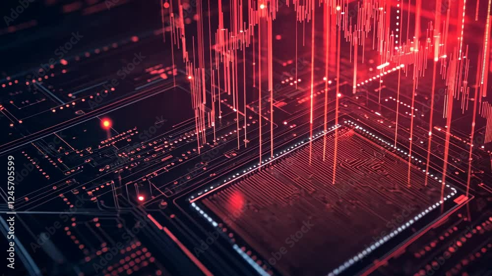 Poster digital circuit board with glowing red data streams and nanotechnology dynamics