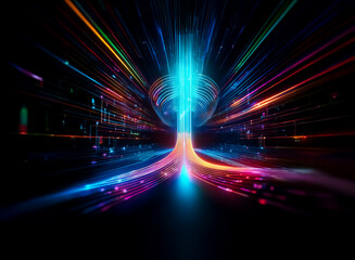 Vibrant beams of colorful light radiate from a central glowing sphere, creating a dynamic and futuristic abstract design against a dark backdrop.