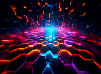 Abstract digital art featuring a perspective view of illuminated hexagonal tiles with vibrant neon colors and a dark background creating a futuristic and technological atmosphere.