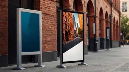 Street Advertising: Mockup Billboards on Urban Sidewalk Displaying Vibrant Content
