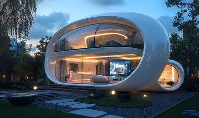 Obraz premium Futuristic Pod Home with a Retractable Dome and LED Lighting for a Cutting-Edge Living Experience