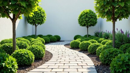 Serene Garden Path Meandering Through Lush Green Shrubs and Ornamental Trees, Leading to a Tranquil White Wall