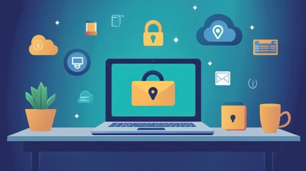 Secure Digital Workspace with Lock Icon and Cloud Symbols