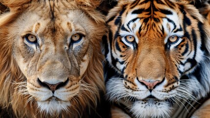 Dramatic face off in the jungle  an intense confrontation between a lion and an angry tiger