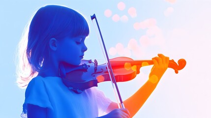Girl playing violin with gradient grain filter effect