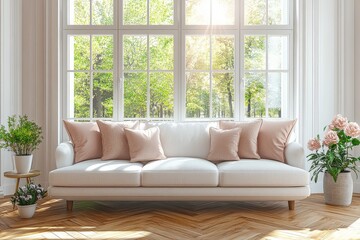3D rendering of a bright Scandinavian-style living room with white sofa, pink pillows, wooden parquet floor, sunlit windows, and spring decor with flowers.