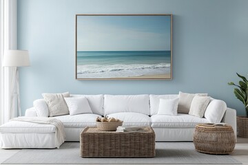 Coastal scene framed print in serene living room