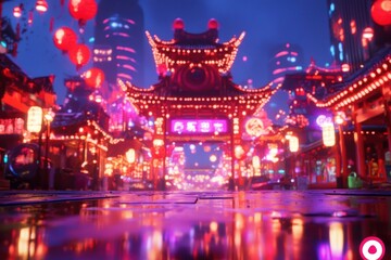 Fototapeta premium Illuminated Asian City Street at Night with Lanterns