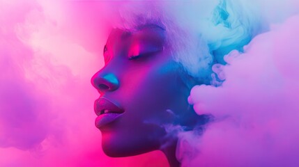 Fototapeta premium A vibrant burst of neon pink and cyan light, blending seamlessly into a soft purple gradient, forming an ethereal and dreamy effect.