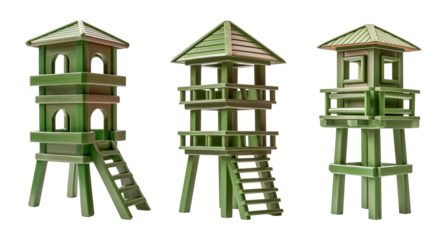 Green Military Watchtower Models Isolated on White