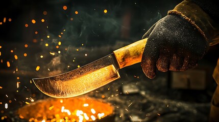 A craftsman holds a glowing, handmade knife above a forge with sparks flying in a workshop