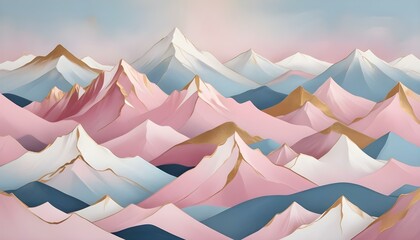Montañas estilizadas de color rosa y blanco con una textura suave, con reflejos dorados en los picos, sobre un fondo azul suave. El paisaje parece abstracto y ondulado