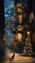 Festive Christmas Eve Scene Cat Cozy Street Decorated Building Holiday Lights and Christmas Tree