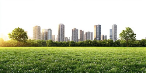 Fototapeta premium Urban park sunrise, cityscape background, green grass