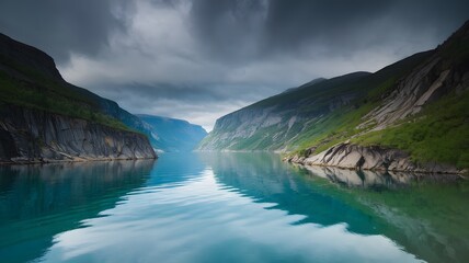 Obraz premium A serene lake is beautifully surrounded by lofty mountains on a cloudy day
