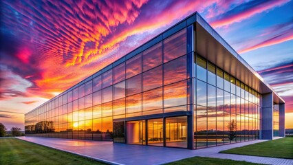 Obraz premium Reflective Facade of Modern Building at Sunset with Vibrant Sky