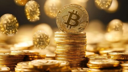 Stacked Bitcoin Coins with Sparkling Digital Currency Background