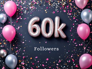 60k followers thank you written background with silver and pink confetti and balloons