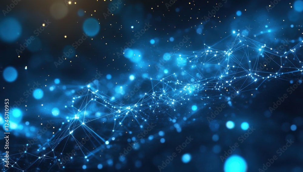 Poster abstract background of blue network with glowing dots and particle effects in a digital universe spa