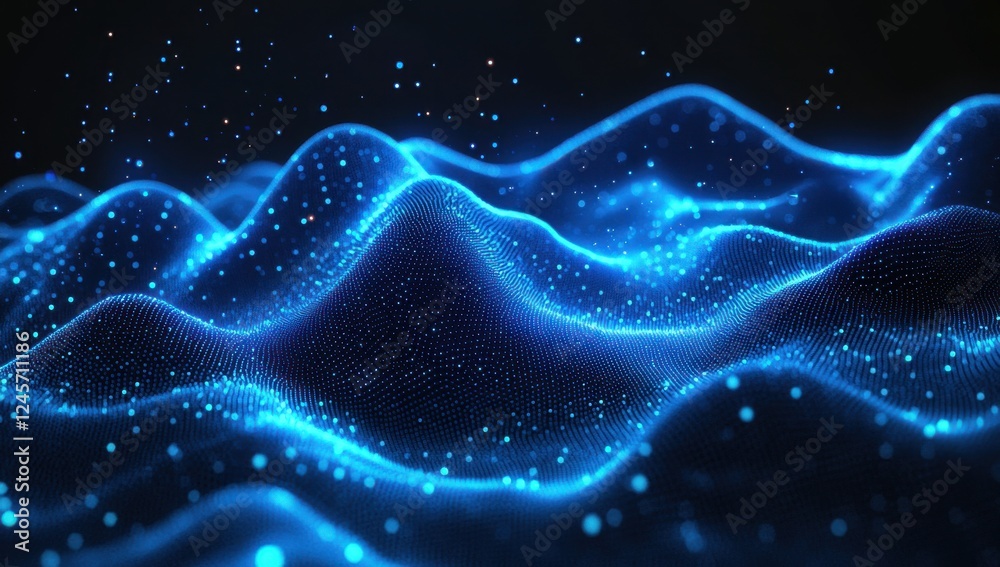 Poster abstract blue glowing waves design with particles, creating a dynamic digital landscape suitable for