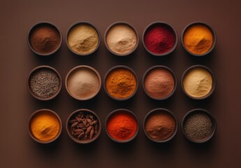 Vibrant Collection of Spices in Rustic Bowls on Wooden Surface